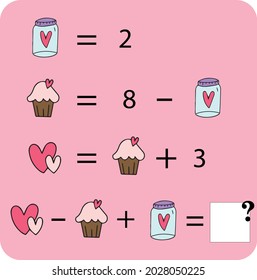 Juego educativo de matemáticas para niños. Nivel avanzado. Hoja de trabajo de multiplicación, adición, ecuaciones de resta de aprendizaje para niños. Rompecabezas matemático con frutas y juguetes. Por pensamiento lógico.
