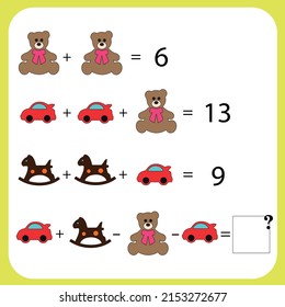 Mathematics educational game for children. Advanced level. Learning multiplication, addition, subtraction equations worksheet for kids. Math Puzzle with fruits and toys. For logical thinking.