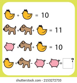 Mathematics educational game for children. Advanced level. Learning multiplication, addition, subtraction equations worksheet for kids. Math Puzzle with fruits and toys. For logical thinking.