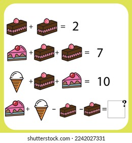 Mathematics educational game for children. Advanced level. Learning multiplication, addition, subtraction equations worksheet for kids. Math Puzzle with fruits and toys. For logical thinking.