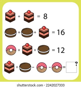 Juego educativo de matemáticas para niños. Nivel avanzado. Hoja de trabajo de multiplicación, adición, ecuaciones de resta de aprendizaje para niños. Rompecabezas matemático con frutas y juguetes. Por pensamiento lógico.