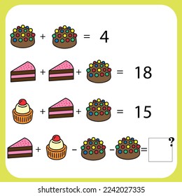 Mathematics educational game for children. Advanced level. Learning multiplication, addition, subtraction equations worksheet for kids. Math Puzzle with fruits and toys. For logical thinking.