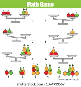 Juego educativo de matemáticas para niños. Equilibrar la escala. Cuento de aprendizaje, ecuación matemática, pesos y álgebra