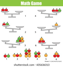 Mathematics educational game for children. Balance the scale. Learning counting, mathematical equation, weights and algebra