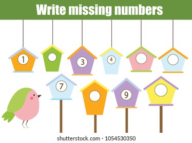 Mathematics educational game for children. Complete the row, write missing numbers