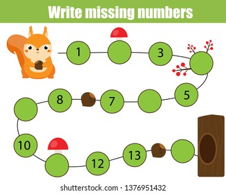 Mathematics educational game for children. Complete the row, write missing numbers. Help squirrel find road to tree. math activity for preschool kids and toddlers