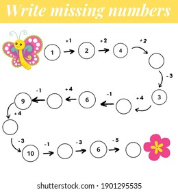 Mathematics educational game for children. Complete the row, write missing numbers. Solve the equation and help butterfly find red flower. Math activity for preschool kids and toddlers.