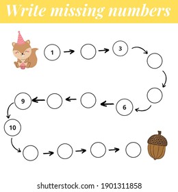 Mathematics educational game for children. Complete the row, write missing numbers. Solve the equation and help squirrel find acorn. Activity for preschool kids and toddlers.