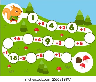 Mathematics educational game for children. Complete the row, write missing numbers and solve equations. Counting game for kids and toddlers.