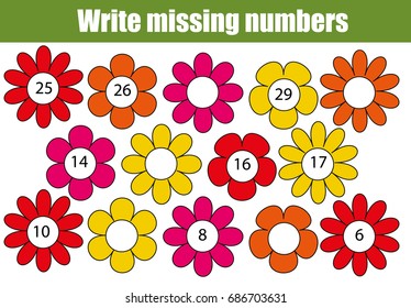 Mathematics educational game for children. Complete the row, write missing numbers