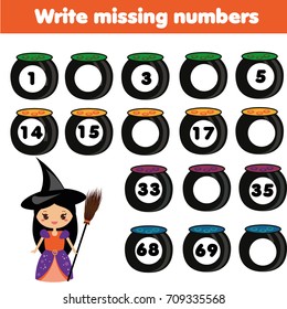 Mathematics educational game for children. Complete the row, write missing numbers. Halloween theme