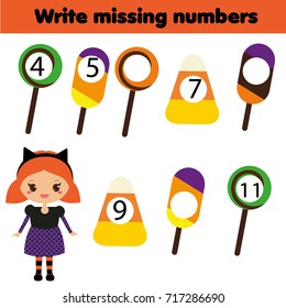 Mathematics educational game for children. Complete the row, write missing numbers. Halloween theme