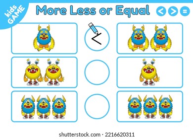 Mathematics educational game for children. Count and choose less, more or equal. Learning counting, addition worksheet for kids. Vector illustration of cartoon monsters.