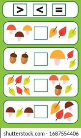 Mathematics educational game for children. counting kids activity. Complete the mathematical equation. choose more, less or equal