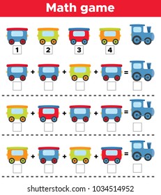 Mathematics educational game for children. Cute cartoon train. Tasks for addition. Printable worksheet. Vector illustration.