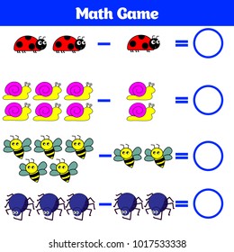 Mathematics educational game for children. Learning subtraction worksheet for kids, counting activity. Vector illustration.