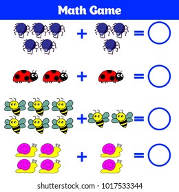 Mathematics educational game for children. Learning subtraction worksheet for kids, counting activity. Vector illustration.