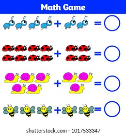 Mathematics educational game for children. Learning subtraction worksheet for kids, counting activity. Vector illustration.