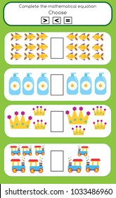 Mathematics educational game for children. Learning counting and algebra kids activity. Complete the mathematical equation task, choose more, less or equal