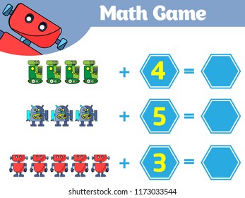 Mathematics educational game for children. Learning subtraction worksheet for kids, counting activity. Vector illustration Robot.