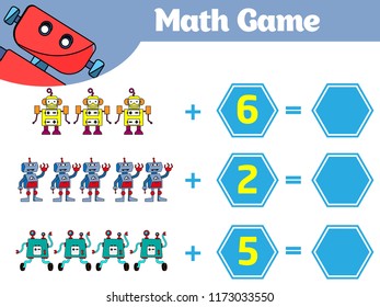 Mathematics educational game for children. Learning subtraction worksheet for kids, counting activity. Vector illustration Robot.