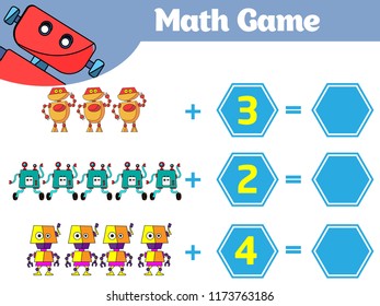 Mathematics educational game for children. Learning subtraction worksheet for kids, counting activity. Vector illustration Robot.