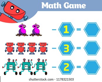 Mathematics educational game for children. Learning subtraction worksheet for kids, counting activity. Vector illustration Robot.