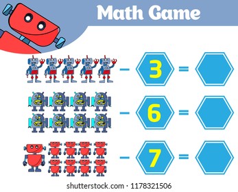 Mathematics educational game for children. Learning subtraction worksheet for kids, counting activity. Vector illustration Robot.