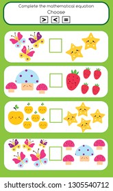 Mathematics educational game for children. Learning counting and algebra kids activity. Complete the mathematical equation. choose more, less or equal