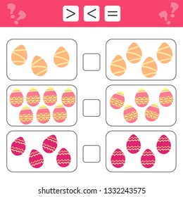Mathematics educational game for children. Learning counting, mathematical equation, weights and algebra. Easter eggs. Choose more, less or equal