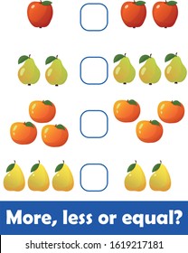 Mathematics educational game for children. Learning counting  kids activity. Choose more, less or equal Complete the mathematical equation task. 