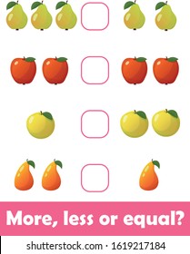 Mathematics educational game for children. Learning counting  kids activity. Choose more, less or equal Complete the mathematical equation task. 