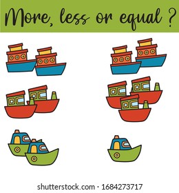 Mathematics educational game for children. Learning counting  kids activity. Choose more, less or equal Complete the mathematical equation task. 