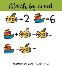 Mathematics educational game for children. Learning counting  kids activity. Match by count. Complete the mathematical equation task. 