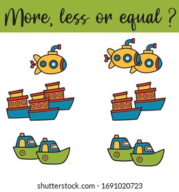 Mathematics educational game for children. Learning counting  kids activity. Choose more, less or equal Complete the mathematical equation task. 