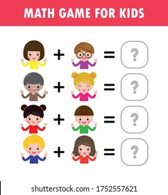 Mathematics educational game for children Learning counting, addition worksheet for kids. Math Addition Puzzle with kids showing numbers by fingers. Solve the Question, Flat Vector Illustration