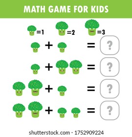 Mathematics Educational Game For Children. Learning Counting, Addition Worksheet For Kids. Math Addition Subtraction Puzzle Broccoli Vegetable Trick Question Solve Flat Vector Illustration