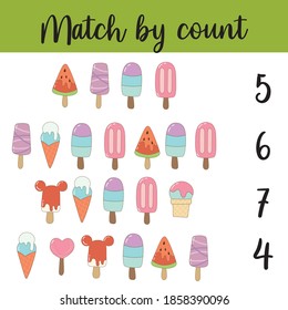 Juego educativo de matemáticas para niños. Aprendiendo a contar la actividad de los niños. Coincidir por número. Complete la tarea de ecuación matemática. 