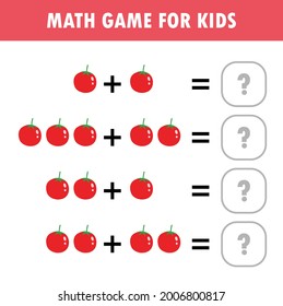 Juego educativo de matemáticas para niños. Aprendiendo a contar, agregando hoja de cálculo para los niños. matemática Adición Sustracción Rompecabezas fruta vegetal Pregunta Rastreadora Solución Vector Plano Ilustración