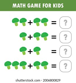 Juego educativo de matemáticas para niños. Aprendiendo a contar, agregando hoja de cálculo para los niños. matemática Adición Sustracción Rompecabezas fruta vegetal Pregunta Rastreadora Solución Vector Plano Ilustración