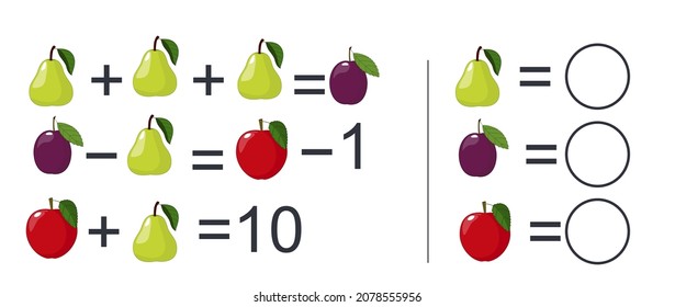 Mathematics educational game for children. Learning multiplication, addition, subtraction equations worksheet for kids. Math Puzzle with apple, pear and plum. For logical thinking. Advanced level. 