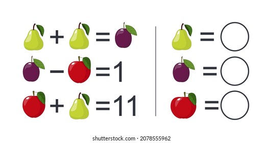 Mathematics educational game for children. Learning multiplication, addition, subtraction equations worksheet for kids. Math Puzzle with apple, pear and plum. For logical thinking. Advanced level. 