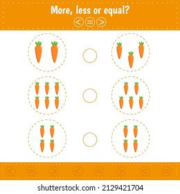 Mathematics educational game for children. Learning counting and algebra kids activity. Complete the mathematical equation task, choose more, less or equal