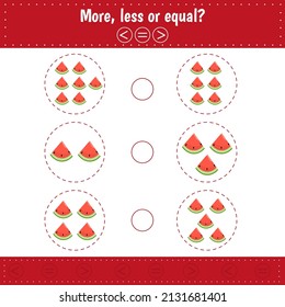 Mathematics educational game for children. Learning counting and algebra kids activity. Complete the mathematical equation task, choose more, less or equal