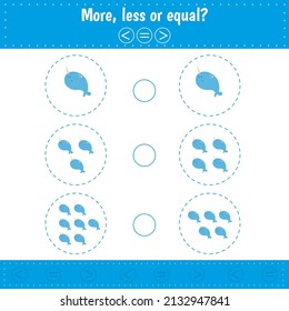 Mathematics educational game for children. Learning counting and algebra kids activity. Complete the mathematical equation task, choose more, less or equal