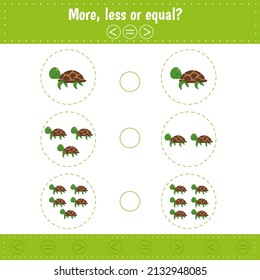 Mathematics educational game for children. Learning counting and algebra kids activity. Complete the mathematical equation task, choose more, less or equal