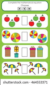 Mathematics educational game for children. Learning counting and algebra kids activity. Complete the mathematical equation task, choose more, less or equal