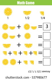 Mathematics educational game for children. Learning counting, addition worksheet for kids. Fractions, half, quarters