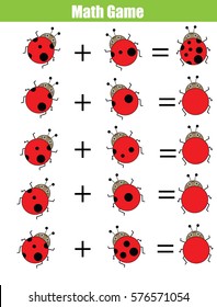 Mathematics educational game for children. Learning counting, addition worksheet for kids. Calculate the ladybug dots