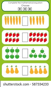 Mathematics educational game for children. Learning counting and algebra kids activity. Complete the mathematical equation task, choose more, less or equal